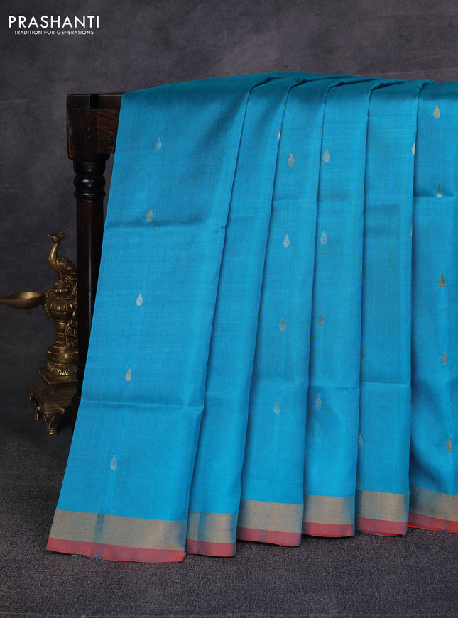 Teal Blue & Orange Pure Uppada Silk - Jamdani Design