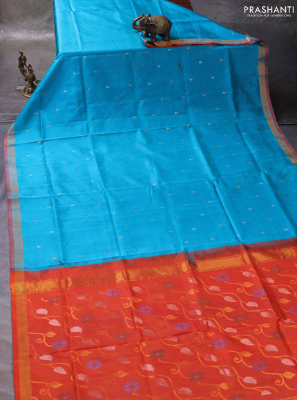 Teal Blue & Orange Pure Uppada Silk - Jamdani Design