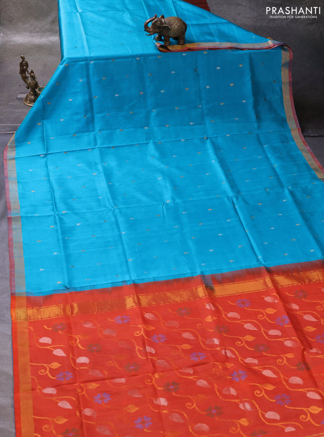 Teal Blue & Orange Pure Uppada Silk - Jamdani Design