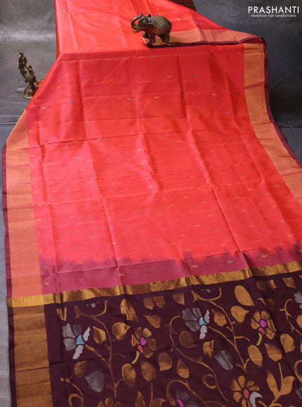 Orange & Coffee Brown Pure Uppada Silk - Jamdani Design
