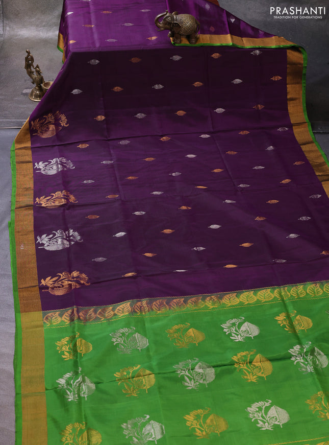 Purple & Green Pure Uppada Silk - Zari Butta