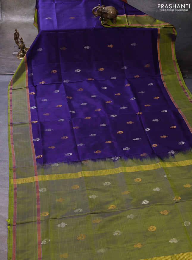 Navy Blue & Green Pure Uppada Silk - Zari Butta
