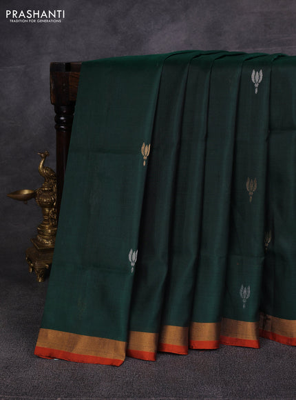 Bottle Green & Orange Pure Uppada Silk - Jamdani Design