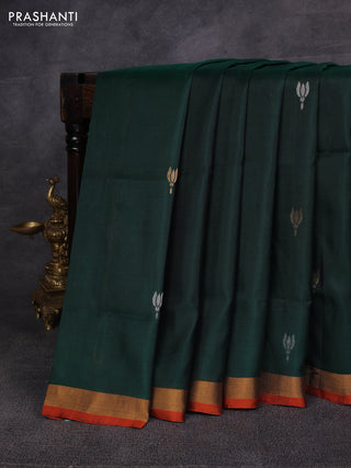 Bottle Green & Orange Pure Uppada Silk - Jamdani Design