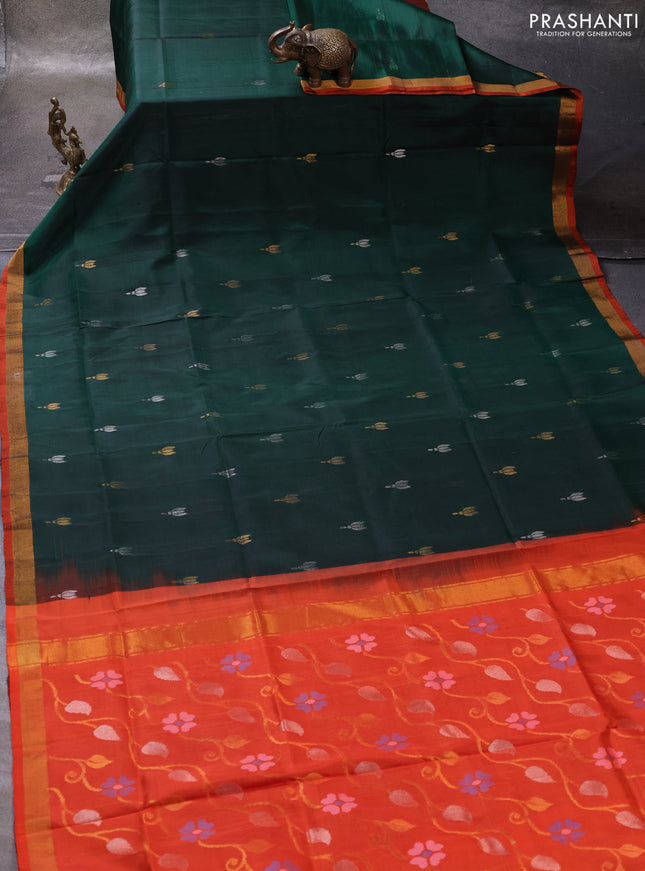 Bottle Green & Orange Pure Uppada Silk - Jamdani Design