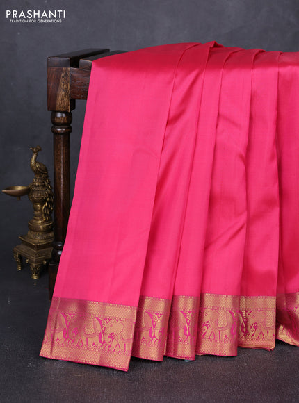 Pure kanchipuram silk saree pink with plain body and rich zari woven elephnat border