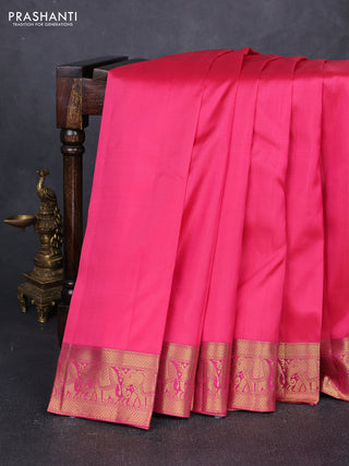Pure kanchipuram silk saree pink with plain body and rich zari woven elephnat border