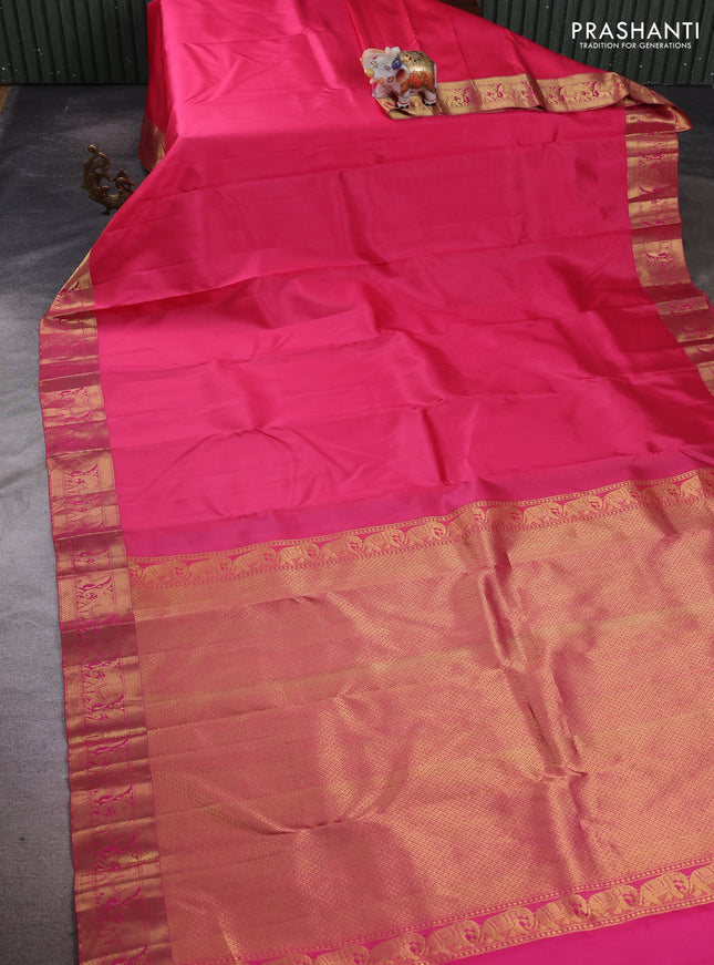 Pure kanchipuram silk saree pink with plain body and rich zari woven elephnat border