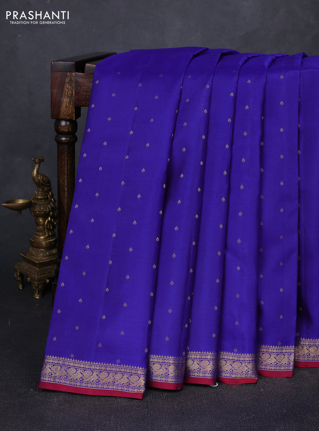 Pure kanchipuram silk saree blue and maroon with allover zari woven 1000 buttas and zari woven annam border
