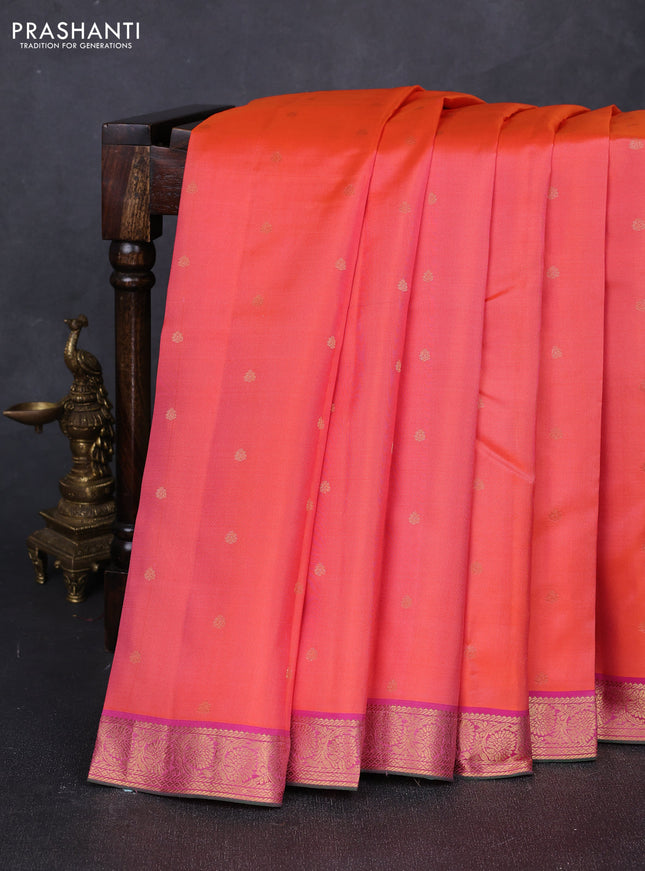 Pure kanchipuram silk saree peach orange and pink with allover zari woven buttas and rich zari woven border