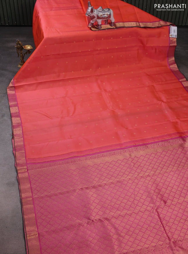 Pure kanchipuram silk saree peach orange and pink with allover zari woven buttas and rich zari woven border