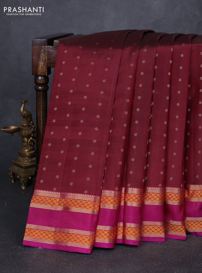Pure kanchipuram silk saree wine shade and purple with allover zari woven 1000 buttas and rettapet zari woven border