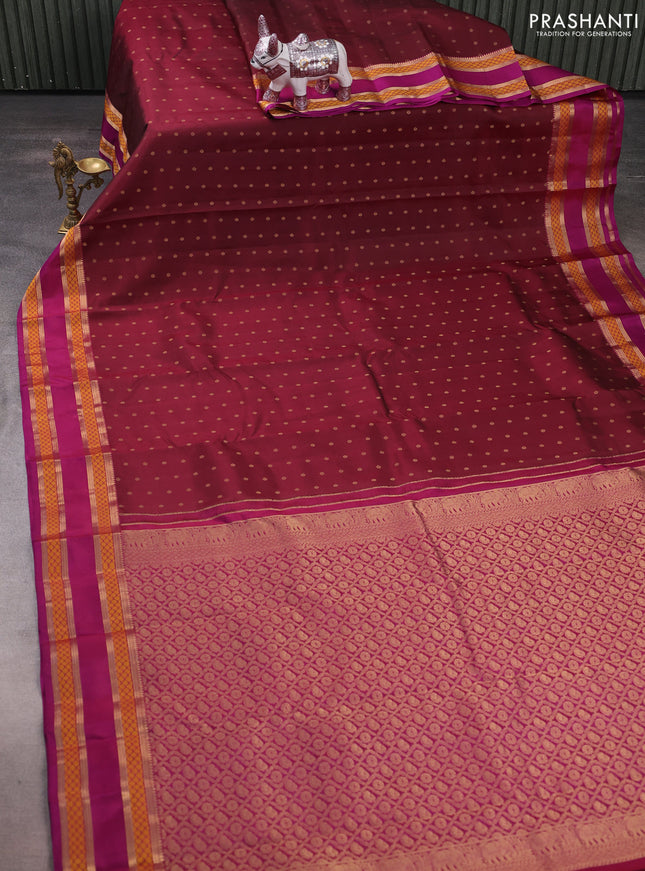Pure kanchipuram silk saree wine shade and purple with allover zari woven 1000 buttas and rettapet zari woven border