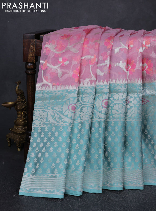 Light Pink & Teal Green Kora Jamdhani Silk Saree