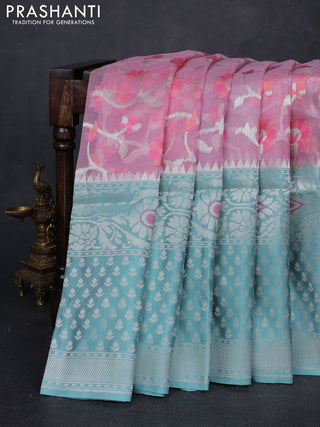 Light Pink & Teal Green Kora Jamdhani Silk Saree