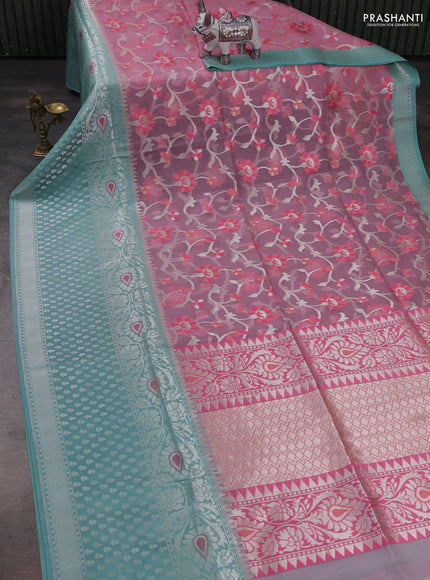 Light Pink & Teal Green Kora Jamdhani Silk Saree