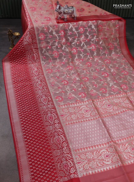 Peach Shade & Red Kora Jamdhani Saree
