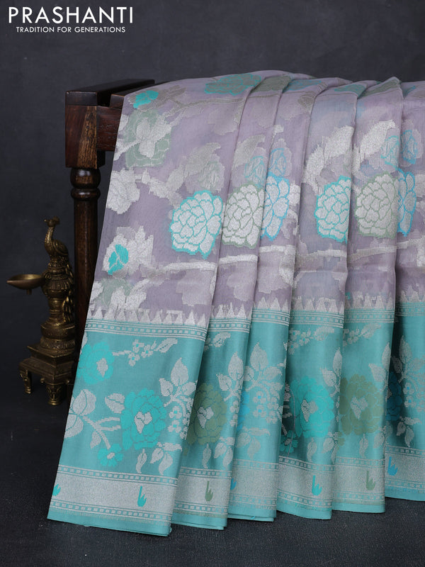 Grey & Teal Green Kora Jamdhani Saree