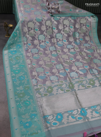 Grey & Teal Green Kora Jamdhani Saree