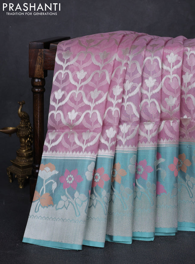 Light Pink & Teal Green Kora Jamdhani Saree
