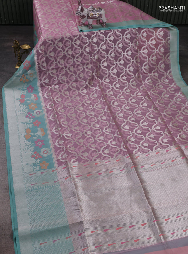 Light Pink & Teal Green Kora Jamdhani Saree