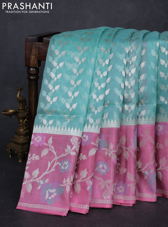 Teal Green & Pink Kora Jamdhani Saree
