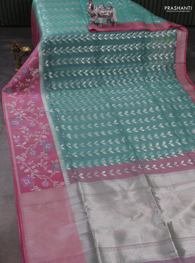Teal Green & Pink Kora Jamdhani Saree