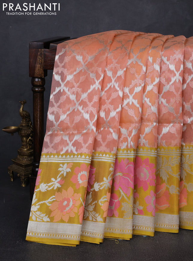 Peach Shade & Mustard Yellow Kora Jamdhani Saree