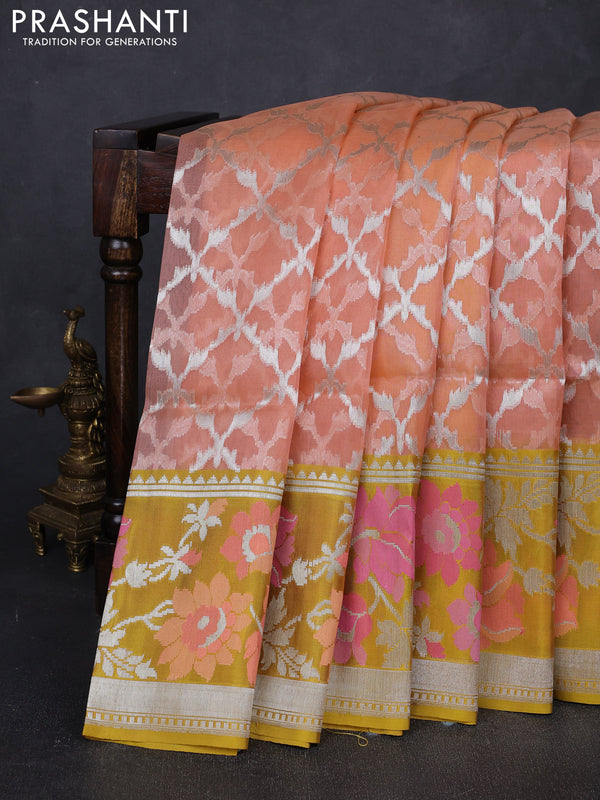 Peach Shade & Mustard Yellow Kora Jamdhani Saree