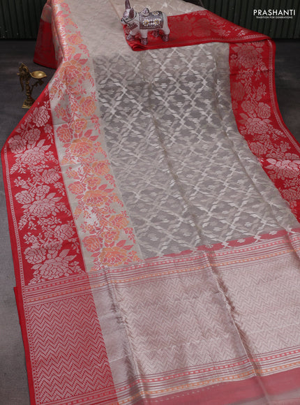 Beige & Red Kora Jamdhani Saree