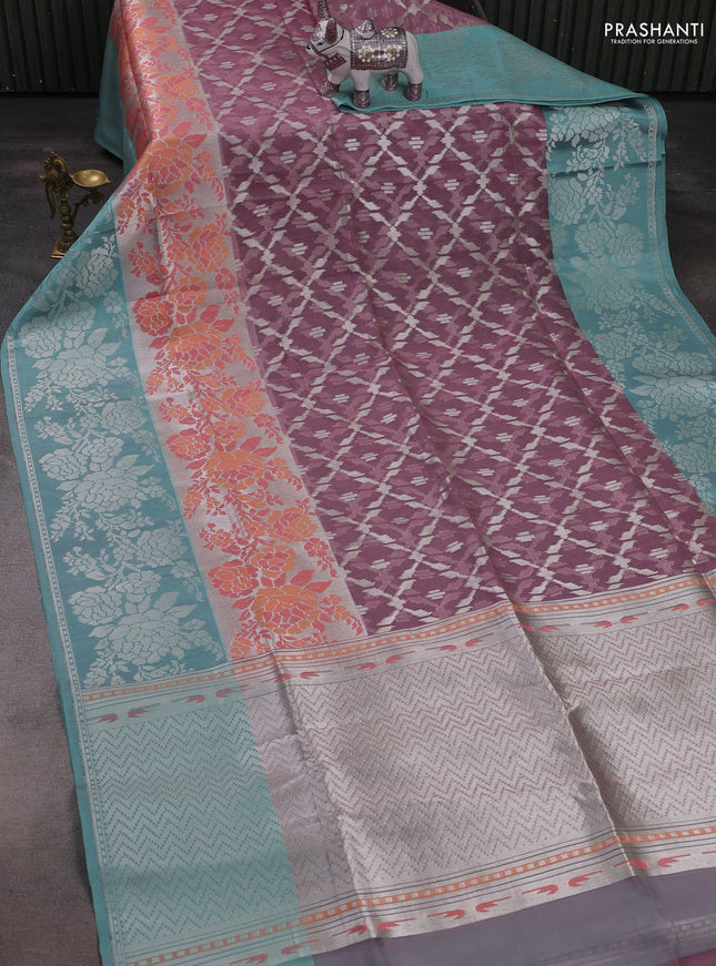 Mauve Pink & Teal Green Kora Jamdhani Saree