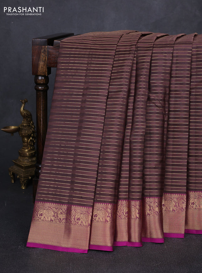 Pure kanchipuram silk saree pastel brown and purple with allover zari stripe pattern and rich zari woven border