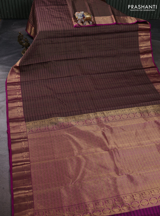Pure kanchipuram silk saree pastel brown and purple with allover zari stripe pattern and rich zari woven border