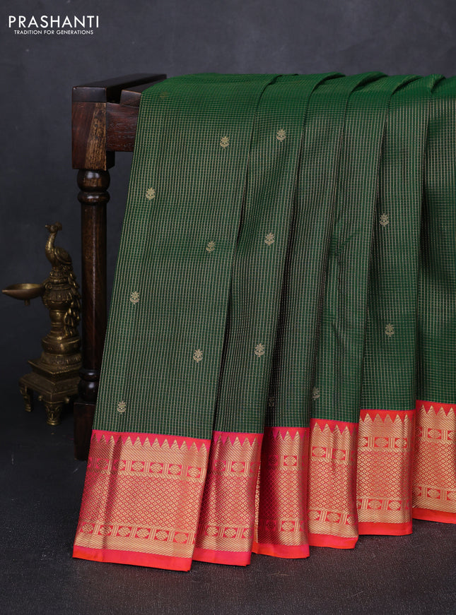 Pure kanchipuram silk saree green and orange with allover checked pattern & buttas and zari woven korvai border