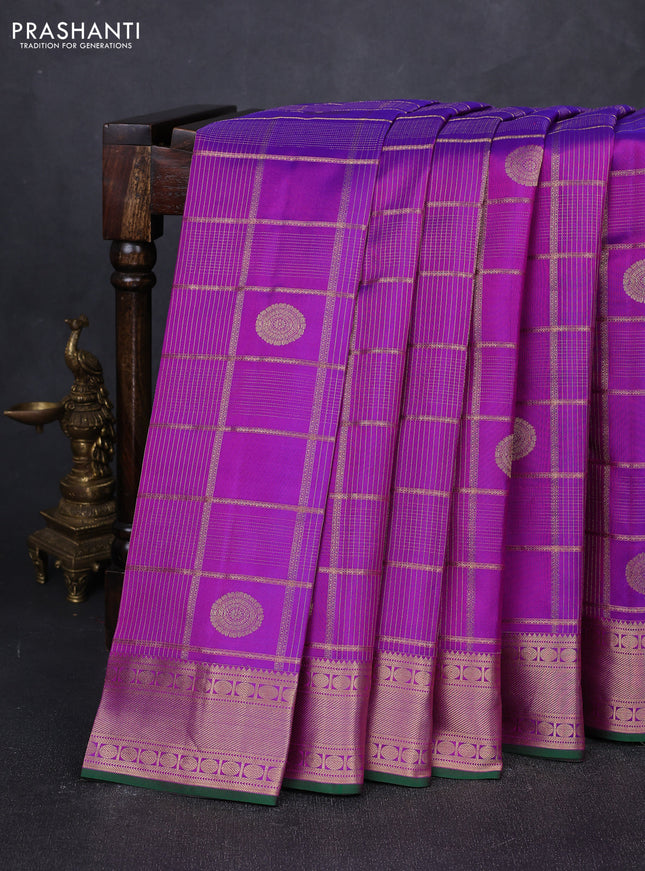 Pure kanchipuram silk saree purple and green with allover zari checks & buttas and zari woven border