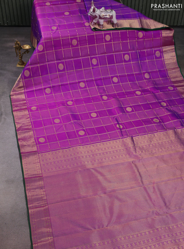 Pure kanchipuram silk saree purple and green with allover zari checks & buttas and zari woven border