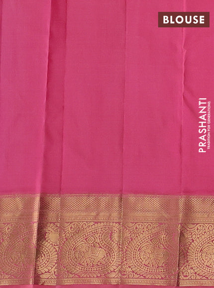 Pure kanchipuram silk saree teal blue and peach pink with allover zari stripe pattern and rich zari woven border