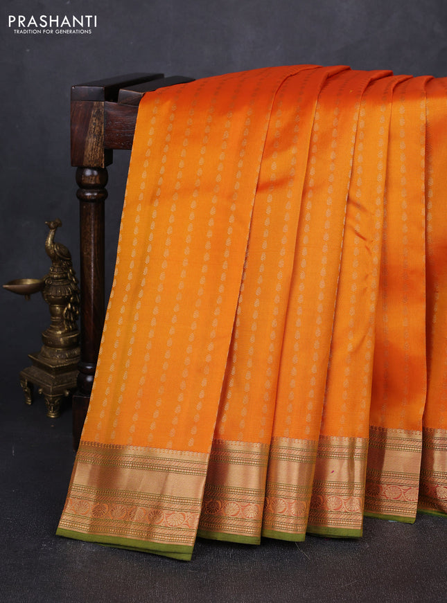 Pure kanchipuram silk saree mango yellow and green with allover zari woven 1000 buttas and zari woven border