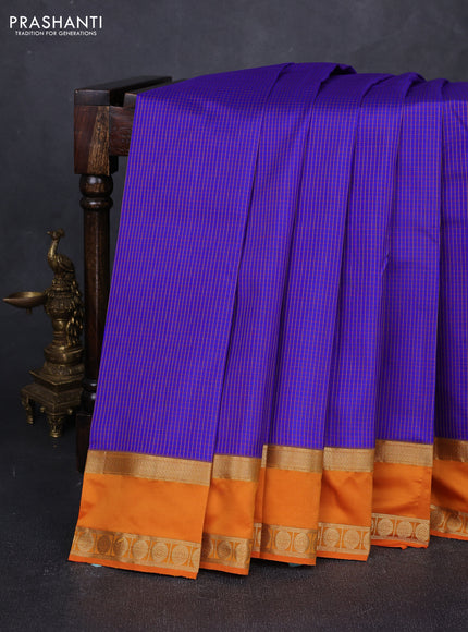 Pure kanchipuram silk saree blue and orange with allover small checked pattern and rettapet zari woven border