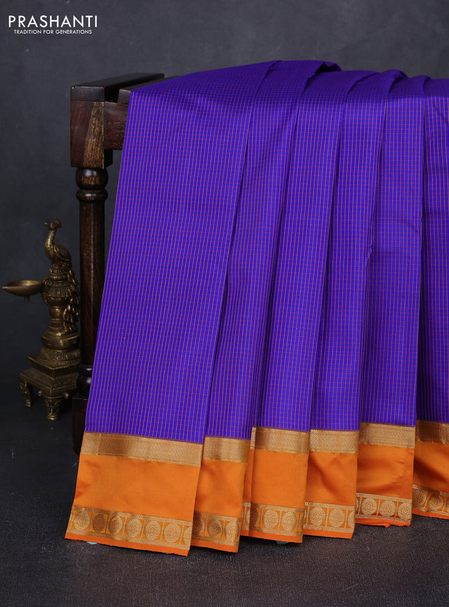 Pure kanchipuram silk saree blue and orange with allover small checked pattern and rettapet zari woven border
