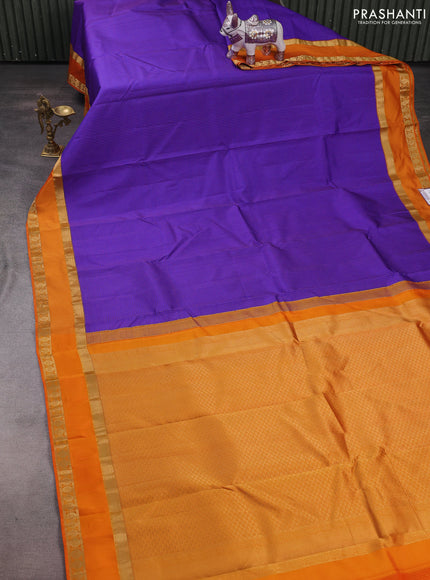 Pure kanchipuram silk saree blue and orange with allover small checked pattern and rettapet zari woven border