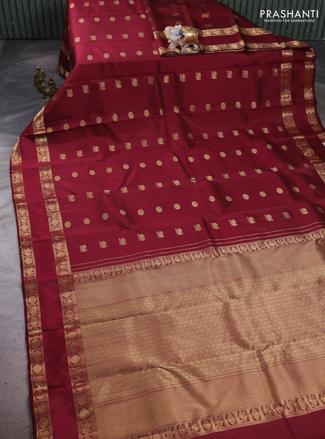Pure kanchipuram silk saree maroon with zari woven buttas and rettapet zari woven border
