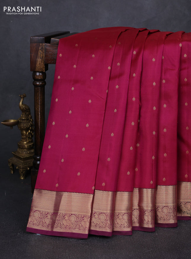 Pure kanchipuram silk saree dark magenta pink and wine shade with allover zari woven buttas and rich zari woven annam border