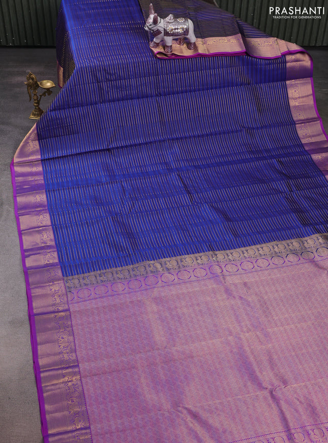 Pure kanchipuram silk saree blue and purple with allover zari stripe pattern and rich zari woven border