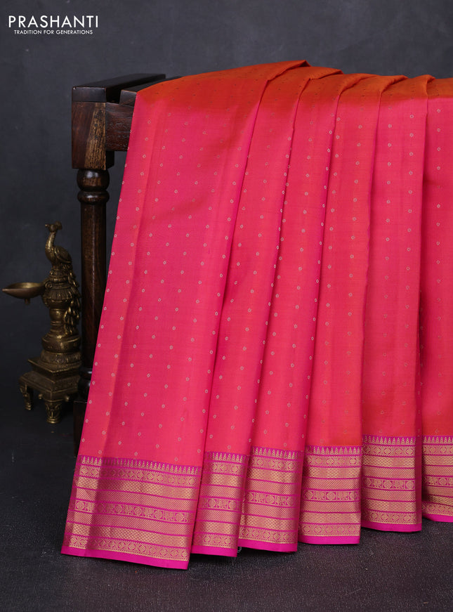 Pure kanchipuram silk saree dual shade of pinkish orange and pink with allover zari woven 1000 buttas and rich zari woven border