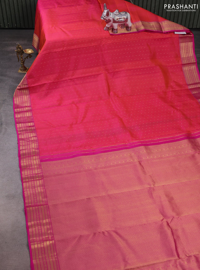 Pure kanchipuram silk saree dual shade of pinkish orange and pink with allover zari woven 1000 buttas and rich zari woven border