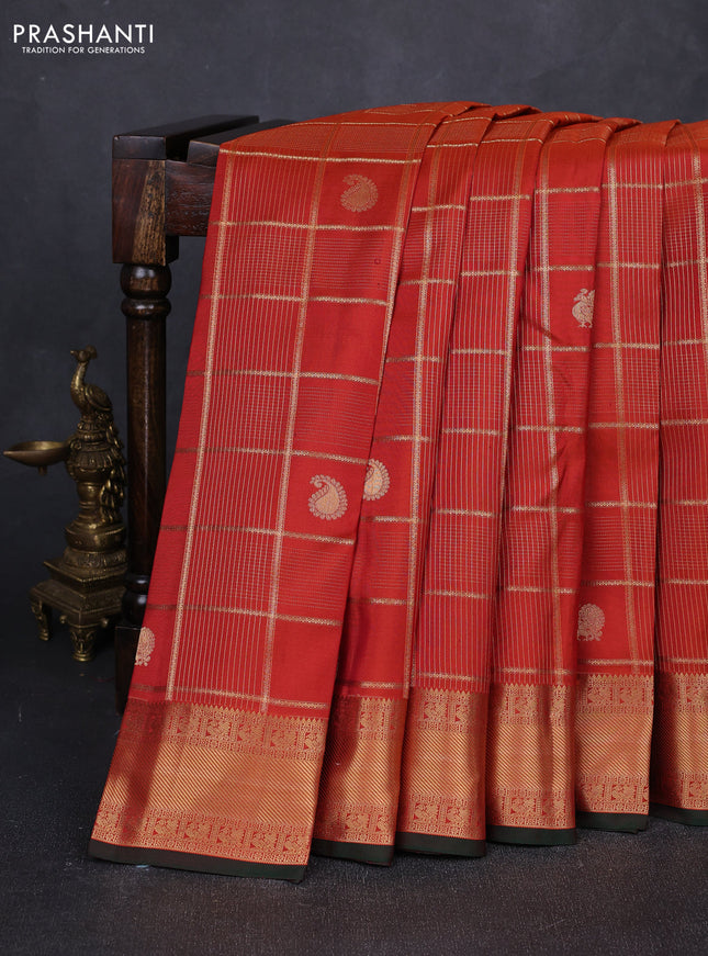Pure kanchipuram silk saree rust shade and bottle green with allover zari checks & buttas and rich zari woven border