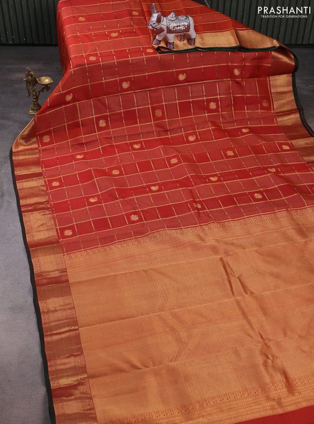 Pure kanchipuram silk saree rust shade and bottle green with allover zari checks & buttas and rich zari woven border