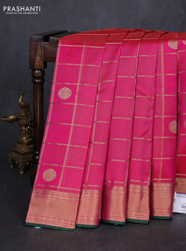 Pure kanchipuram silk saree pink and green with allover zari checks & buttas and rich zari woven border