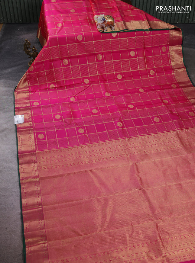 Pure kanchipuram silk saree pink and green with allover zari checks & buttas and rich zari woven border